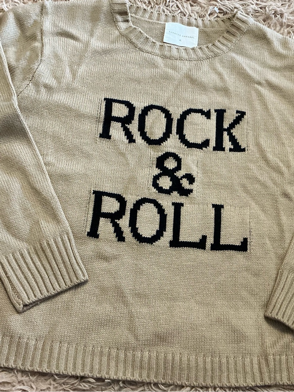 Panache Rock & Roll Cream Crewneck Sweater with Black Lettering
